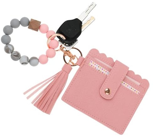 Gkaopi Kartenetui Damen Mini Klein Kreditkartenetui mit Schlüsselring Silikon Perlen Frauen Armreif PU Quaste Kartenetui Brieftasche Kartenetui Schlüsselanhänger für Damen A