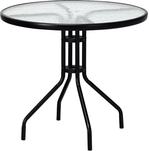 COSTWAY Gartentisch mit Tischplatte aus gehärtetem Glas, 70x70x71cm, Terrassentisch mit Schirmloch und Metallrahmen, runder Balkontisch, Outdoor-Esstisch für Hof, Terrasse, Garten