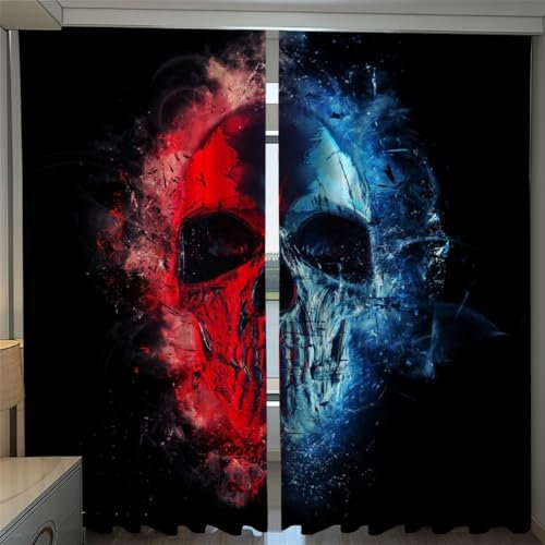 MEVASA Skelett Gardinen Jugendzimmer Jungen Mädchen 3D Vorhänge Gothic Totenkopf Verdunklungsvorhänge Kunst Chic Wohnzimmer Modern Home Dekoration 220 x 215 BxH