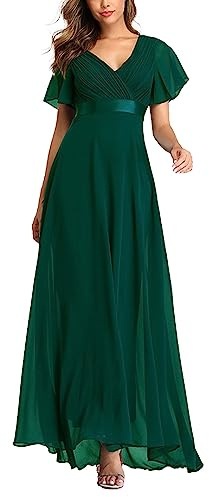 ECDAHICC Vestido de noche para mujer, con cinturón, línea A, gasa, vestido de dama de honor, cuello en V, elegante, largo, verde, XXL