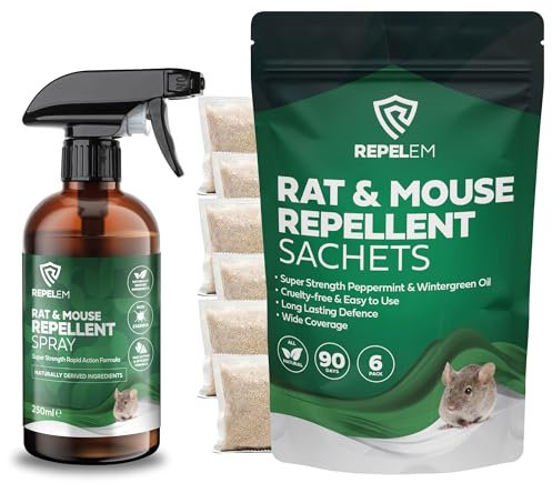 REPELEM Rat & Mouse Sachets - Super Strength Peppermint Essential Oil, Natural Rat Repellent. (Rat & Mouse Repellent with 250ml Mouse Repellent Spray)