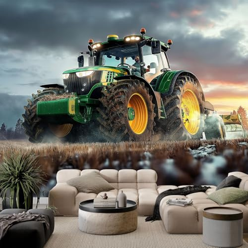 Fototapete 300x210cm Landwirtschaftlicher Traktor 3D Effekt Hochwertige XXL Moderne Wanddeko Tapete, GrüN Vlies Tapete Wandbild für Wohnzimmer Schlafzimmer Büro