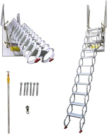 Aioneer Telescopic Ladder Manual Pull-Down Attic Ladder Ceiling-Mounted Attic Stairs Wide Pedal Loft Ladder Non-Slip Loft Stairs