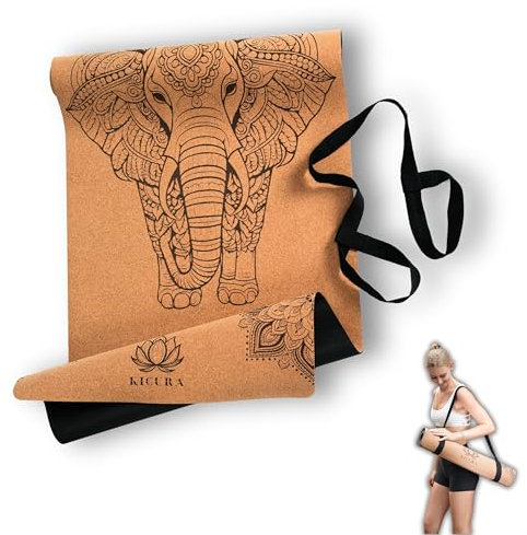 Kicura Yoga-Matte aus Kork & Naturkautschuk mit Elefantenmotiv – Rutschfeste Premium-Matte, 4mm dick, mit Tragegurt – Nachhaltig, in 3 Größen (Size-L)