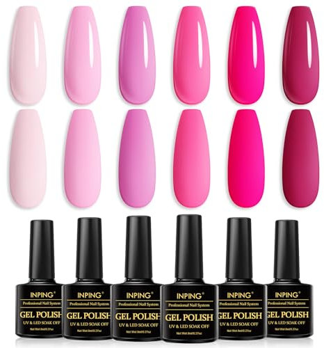 INPING Gel Nail Polish, 6 Colors Pink Gel Polish, Bright Neon Pink Rose Pink Cherry Peach Hot Pink Spring Summer Nail Varnish Set Soak Off UV/LED for Women Home DIY Nail Art Salon