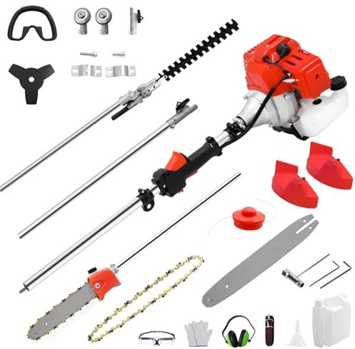 52cc 2 Stroke 5 in 1 Long Reach Petrol Multi Functional Garden Trimming Tools with 260cm Chain Saw, Petrol Strimmers, Brush Cutter, Extendable Petrol Hedge Trimmer, Pruner Chainsaw - 1500W