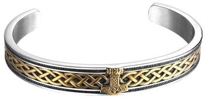 JewelryWe Wikinger Mjolnir Armreif Herren: Gold Silber Edelstahl Nordisch Thors Hammer Offen Verstellbar Manschette Armband Armspange mit Keltischen Knoten Triquetra Vintage Amulett Schmuck Geschenk
