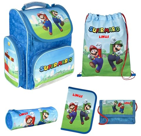 Undercover Schultasche Super Mario Set 5-TLG - Personalisierter Inhalt Turnbeutel Geldbeutel Federmappe mit Name - Schulranzen 1. Klasse Jungen Mario Luigi