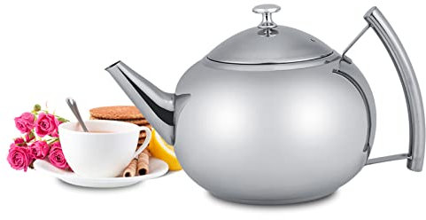 201 Edelstahl Teekanne mit Infuser, V-Form Auslauf Kaffeekanne 2L Tee Wasserkocher Curvy Griff Kaffee Wasserkocher mit Abnehmbarem Infuser Filter, Ideal für Küche/Wohnzimmer/Essen