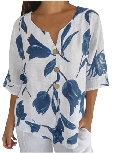 Zeiayuas Linen Shirts for Women UK V Neck Short Sleeve Blouses Cotton Linen Shirt Vintage Floral Tshirts Casual Loose Button Tunic Tops Long Length Summer Plain Boho Tee T Shirts Plus Size 22