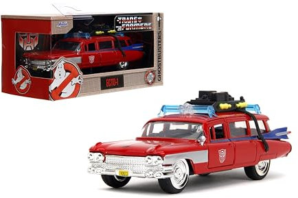 Jada Hollywood Rides Transformers x Ghostbusters Ecto-1 G1 Mashup - Druckguss-Auto mit öffnenden Türen, Maßstab 1:32, ab 8 Jahren (40th Anniversary Edition)