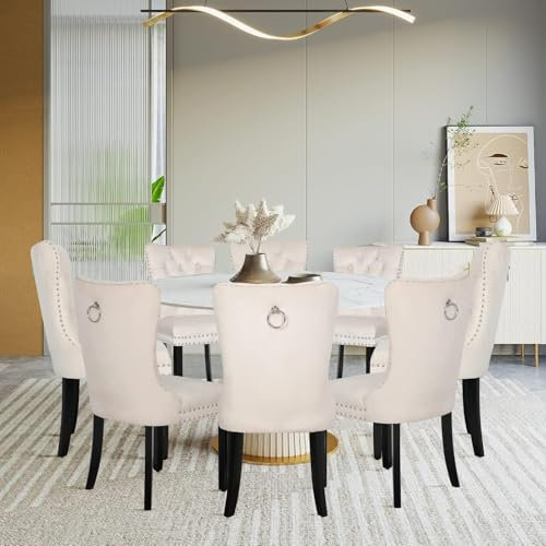 ARTETHYS Samt Esszimmerstühle 8er Set, Gepolstert Küchenstühle mit Eichenbeinen, Polsterstühle mit Armlehnen Rückenlehne für Esszimmer Wohnzimmer Küche, Tragkraft 150 kg, Beige