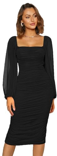 Women's Sexy Ruched Bodycon Midi Dress Long Puff Sleeve Square Neck Cocktail Party Wedding Guest Dresses