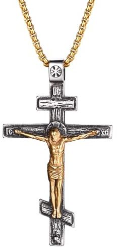 JewelryWe Orthodoxes Kreuz Halskette Herren Edelstahl Russisch Östlich Orthodoxer Kruzifix Kette mit Jesus Anhänger Religiöse Christliche Halskette Authentischer Christen Amulett Schmuck
