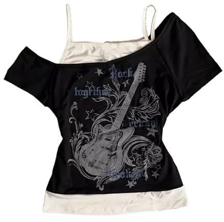 Women's Emo Grunge T Shirts - Vintage Y2K Fake 2 Piece Guitar Graphic Baby Tee Gothic Aesthetic Short Sleeve Off Shoulder Crop Top Alt Streetwear Punk Summer Harajuku
