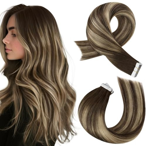 Moresoo Extensiones Adhesivas Pelo Natural Balayage Extensiones Adhesivas Castaño con Rubio Caramelo Ombre Extenesiones Pelo Natural Tape in Extensions Human Hair 35cm 20pcs 50g #4/27/4