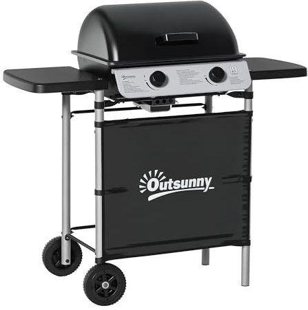 Outsunny Barbecue Gaz 2 Brûleurs en Acier Inoxydable 2,8 kW 2 Roues Noir