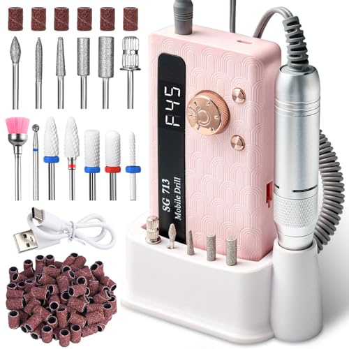 Taladro Eléctrico para Uñas Profesional de 45000 RPM, Lima Portátil Inalámbrica con 13 Puntas y 56 Bandas de Lijado, Pantalla LCD, Ultra Silenciosa, Recargable para Uñas Acrílicas y de Gel (Rosa)