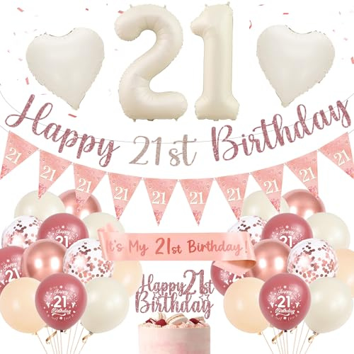 Pink Party 21st Birthday Decorations - Retro Rose Gold Happy 21st Birthday Decor for Her Number 21, Heart Balloons Cake Topper Sash Bunting Banner for Women Party Supplies