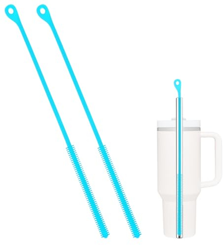 Fukaisu 2pcs Silicone Straw Cleaner Brush, 9.45in Extra Long Water Bottle Straw Cleaner Brush Elastic Cleaning Bristles Tool for Metal Glass Plastic Straight & Curved Pipe (Sky Blue)