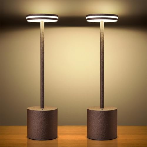 Hapfish 2 Stück LED Akku Tischlampe, 5000mAh Moderne Dimmbar Tischleuchte | Aluminium, 3 Farbtemperatur, Tischlampen Aufladbar für Indoor Outdoor Nachttisch Esstisch Bar Terrasse (Rost)