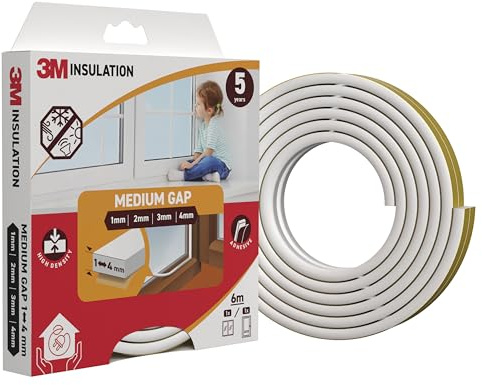 3M Joint d’isolation mousse classique, 6 m, blanc, pour interstices moyens jusqu’à 4 mm – joint adhésif fenêtres et portes, coupe-froid, protection froid, chaleur, poussière, bruit, vent