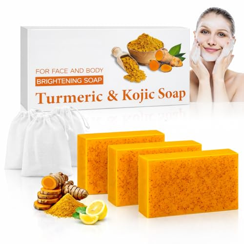 3er Pack Kurkuma & Kojic Säure Seife mit 3 Schaumnetzen | Natur Seife mit Zitrone fuer Gesicht, Körper, Pigmentflecken & Akne.