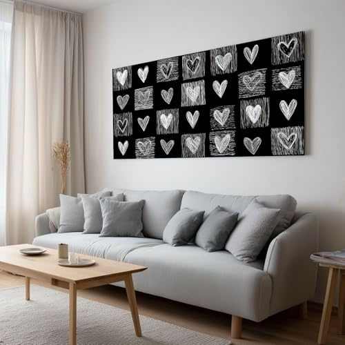 Romantisch Handgemalt Schwarz weiße Herz Wandbild, Vlies Leinwand Bild Wand Deko für Wohnzimmer Badezimmer Schlafzimmer Bilder Dekor - Wandbild Groß Design 140 x 70 cm Ungerahmt