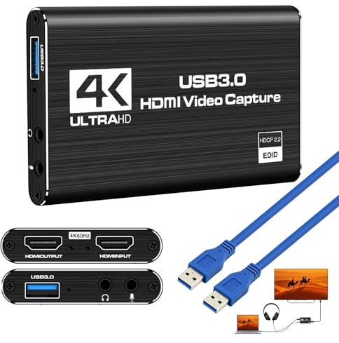 4K HDMI Video Capture Card,USB 3.0 Video Capture Device Full,HD 1080P 60FPS Game Recording for Streaming Recording PS5, PS4,Xbox,Camera PC,Nintendo Switch,OBS (Black)