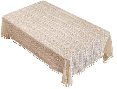 Tourima Spitze Tischdecke Abwaschbar 180x140, Quaste Tischdecke Beige Table Cloth, Stoff Tischdecken Boho, Tischdecke Baumwolle, Leinen Dekor, Für Gartentisch Hochzeiten Geburtstag Outdoor Tischdecken