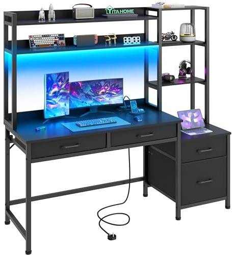 YITAHOME 150cm Computer Desk with Drawers LED Power Home Office Black | Corner desk storages & shelves, bookshelf, 4 file drawers 2 sockets 2 USB, 7-color RGB LED, monitor stand, home office gaming