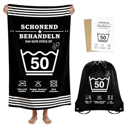 Geschenke zum 50 Geburtstag für Männer & Frauen - 160 x 80cm Mikrofaser Schwarz Strandtücher Leicht Weiches | Aufbewahrungsbeutel | 50. geburtstag Karte, Lustige Geschenk - Schonend Behandeln 50