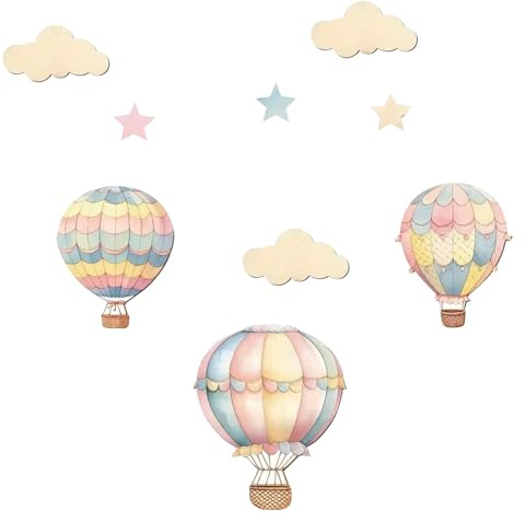 TOYANDONA 9 Stück Holz Wanddekoration Heißluftballon und Wolken mit Sternen für Kinderzimmer Schlafzimmer Boho Stil Verspielte Traumhafte Deko für Babys