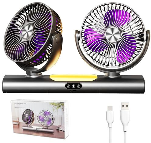 Nexstron Quiet Dual Head Desktop Fan Rechargeable USB Fan | Tabletop or Wall Mountable Cooling Fan with LED Eye Care Lamp, Fully 360° Rotatable Design for Home Camping Office