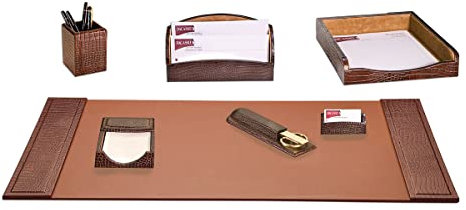 Dacasso Schreibtisch-Set aus Leder mit Krokodilprägung, 7-teilig, Braun