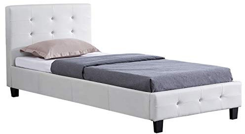 Lit Simple pour Adulte ou Enfant TICO Couchage 90 x 190 cm avec sommier 1 Place / 1 Personne, tête et Pied de lit capitonnés avec Strass, revêtement synthétique Blanc