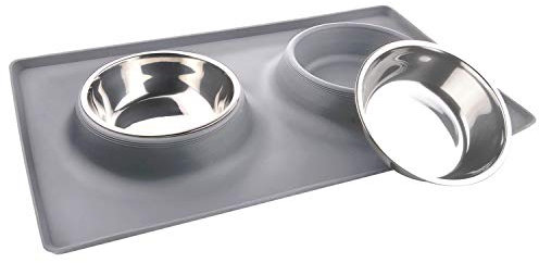 MOACC Gamelle pour Chat et Chien 2 x 400ml Gamelle en Acier Inoxydable Base Antidérapante Anti-débordement et Anti-déversant Tapis en Silicone