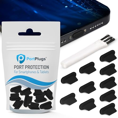 PortPlugs Anti Dust Plugs (10 Pack) - includes Charging Port Cleaning Brush - Flat Design Port Protector Cover - Compatible w/iPhone 14, 13,12,11 & Air Pods - Black