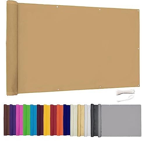 Moboo Balkon Sichtschutz PB2 PES blickdichte Balkonumspannung mit Ösen und Kabelbinder 8 Tage geliefert - in div.5 Größen & 2 Farben 420D(Khaki,0.9x6m)
