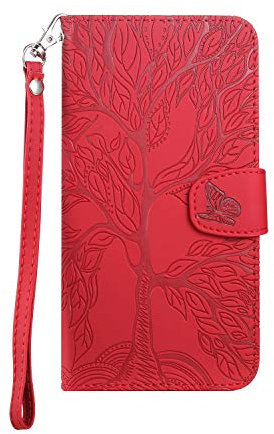 LEINUO Handyhülle für Samsung Galaxy S9 (5.8 Zoll) Baum des Lebens Designmuster Handyhülle für Hülle Klapphülle Leder Schutzhülle Handytasche für Hülle Tasche,Rot