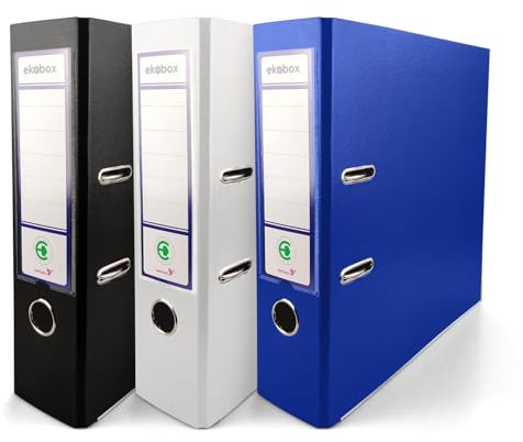 Netuno 3 Stück Ring-Ordner Schwarz Weiß Blau DIN A4 Ekobox 2-Ring-Mechanik 8cm Ringbuch a4 2 Ringe Plastikordner bunt Ordner Schule Büro Studium Dokumentenordner Pappordner office folder