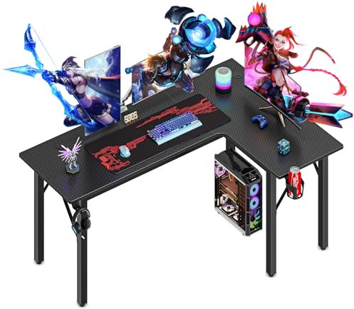 Dripex L shaped 145cm Corner Gaming Desk Large Carbon Fiber Desktop Surface, with Cup Holder,Mouse Pad,Gamepad & Headphone Holder Computer Table Workstation (L-Shape Right)