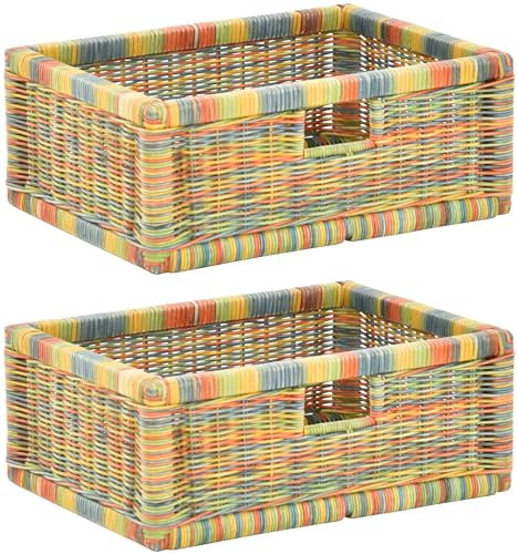 korb.outlet Set / 2 Regalkorb Bunt ca. 42x32x17 mit Holzrahmen Rattan Schubfach Box zur Aufbewahrung Schrankkorb Griff
