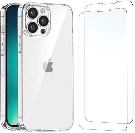 NEW'C Funda para iPhone 13 Pro (6,1 Pulgadas) Carcasa Silicona Transparente Alta y 2X Protector de Pantalla para iPhone 13 Pro (6,1 Pulgadas) Cristal Templado - Antiarañazos