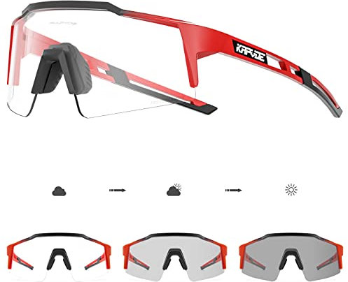 KAPVOE Photochromatische Selbsttönend Fahrradbrille TR90 Rahmen für Herren Damen Klar Sportsonnenbrille Sport Radfahren MTB Radbrille Fahren Sportbrille Baseball Laufen klar Rot 05