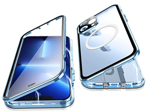 Jonwelsy Hülle für iPhone 13 Pro, 360 Grad Beidseitig Schutz Kompatibel mit Magsafe Magnetische Adsorption Metallrahmen Case Vorne Glas Hinten Frosted PC Cover Handyhülle für 13 Pro 6,1 (Blau)