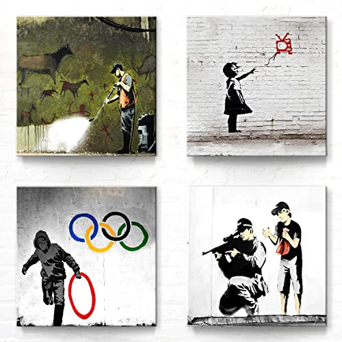 Banksy Leinwand-Bilder im coolen 4er-Set. Jedes Bilderset-H Art Wandbild ist 30x30cm groß. Tolle abstrakte Kunstdrucke zur Wand-Deko für Wohnzimmer, Schlazimmer, Flur, Büro