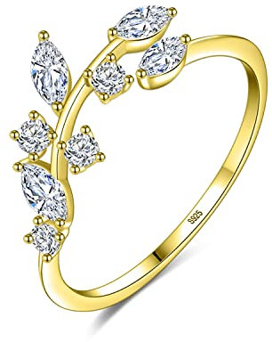 KristLand Sterling Silber 925 Damenring/Olivenblatt Verstellbarer Ring/Zirkonia Ring/Vorschlag Ehering/offener Ring/Schmuckschatulle