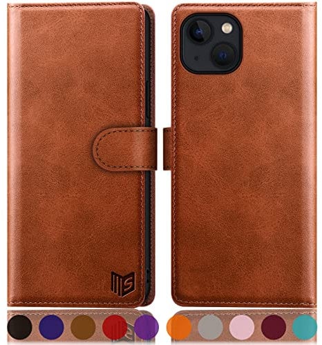 SUANPOT for iPhone 14 Plus 6.7 inch case with [Credit Card Holder][RFID Blocking],PU Leather Flip Book Protective Cover Women Men for Apple 14 Plus Phone case Light Brown