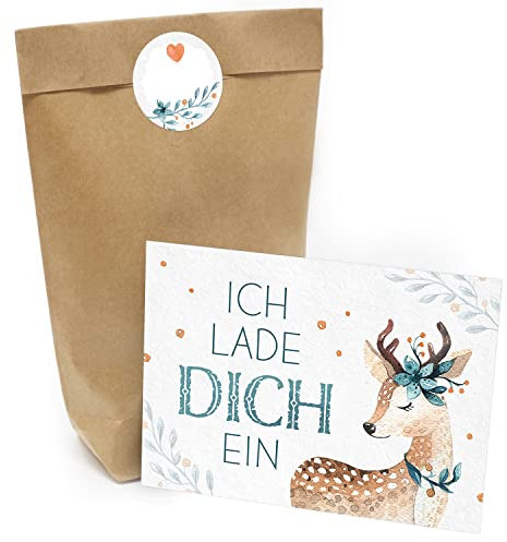 Kindergeburtstag Einladung Set mit je 8 Einladungskarten, Umschlägen, Tüten und Aufkleber - Reh im Winter
